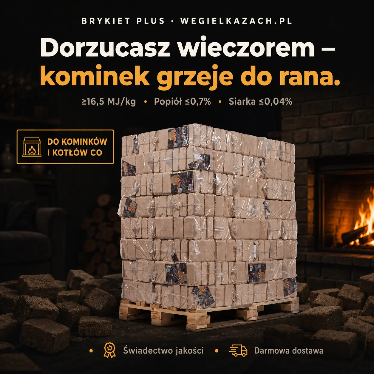Brykiet Plus, dorzucasz wieczorem, kominek grzeje do rana