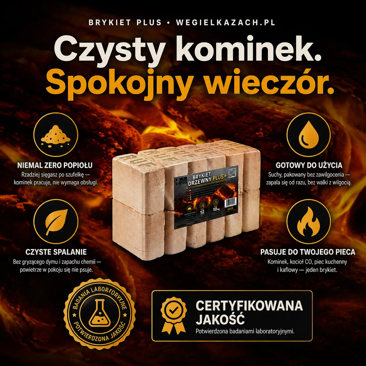 Czysty kominek, spokojny wieczór, certyfikowana jakość